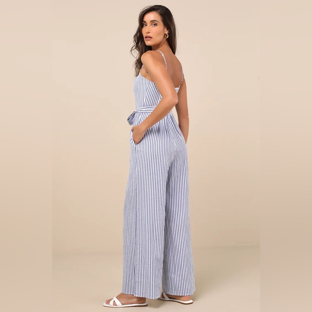 Messina Blue Striped Wide-Leg Jumpsuit by Lulus - Picture 4 of 9